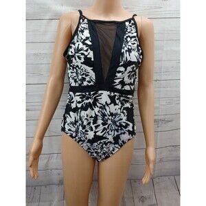 Time And Tru One Piece Swimsuit Floral black white Size 12-14